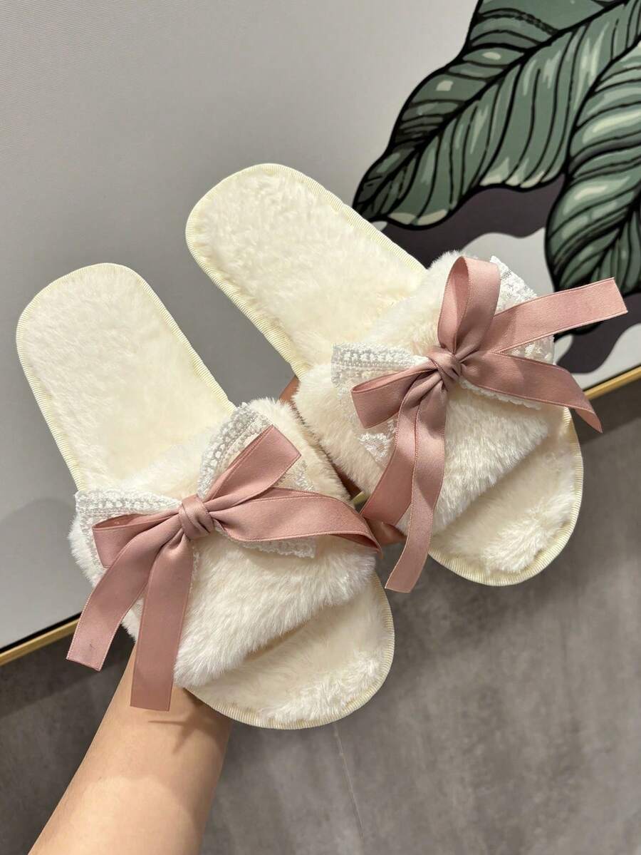 女款優雅白色毛絨蕾絲蝴蝶結平底毛絨鞋,情人節居家婚禮鞋,可愛粉色緞帶蝴蝶結 - 白色 - 查看 1