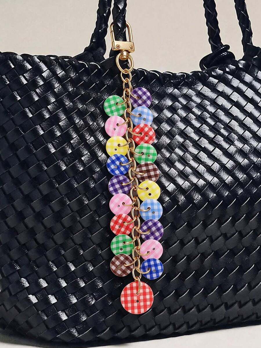 1pc Colorful Resin Button Keychain Bag Charm, Lightweight And Durable, Plaid Button Mix, Rainbow Bright Color, Cute Y2K Aesthetic Style, Cute Accessory, Unique Button Tassel Design, Eye-Catching And Vibrant, Make Your Bag More Distinctive - Multicolor - View 1