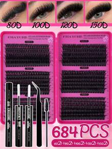 720/648 Sets DIY Complete Artificial Self-Adhesive Eyelashes, Including 8-16mm Different Lengths Soft Eyelash Clusters, Soft And Fluffy, Cluster Eyelash Set, Including Glue, Tweezers And Brush - Multicolor - View 2