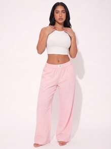 1pc Women Striped Elastic Waist Wide Leg Lounge Pants - Pink - View 5