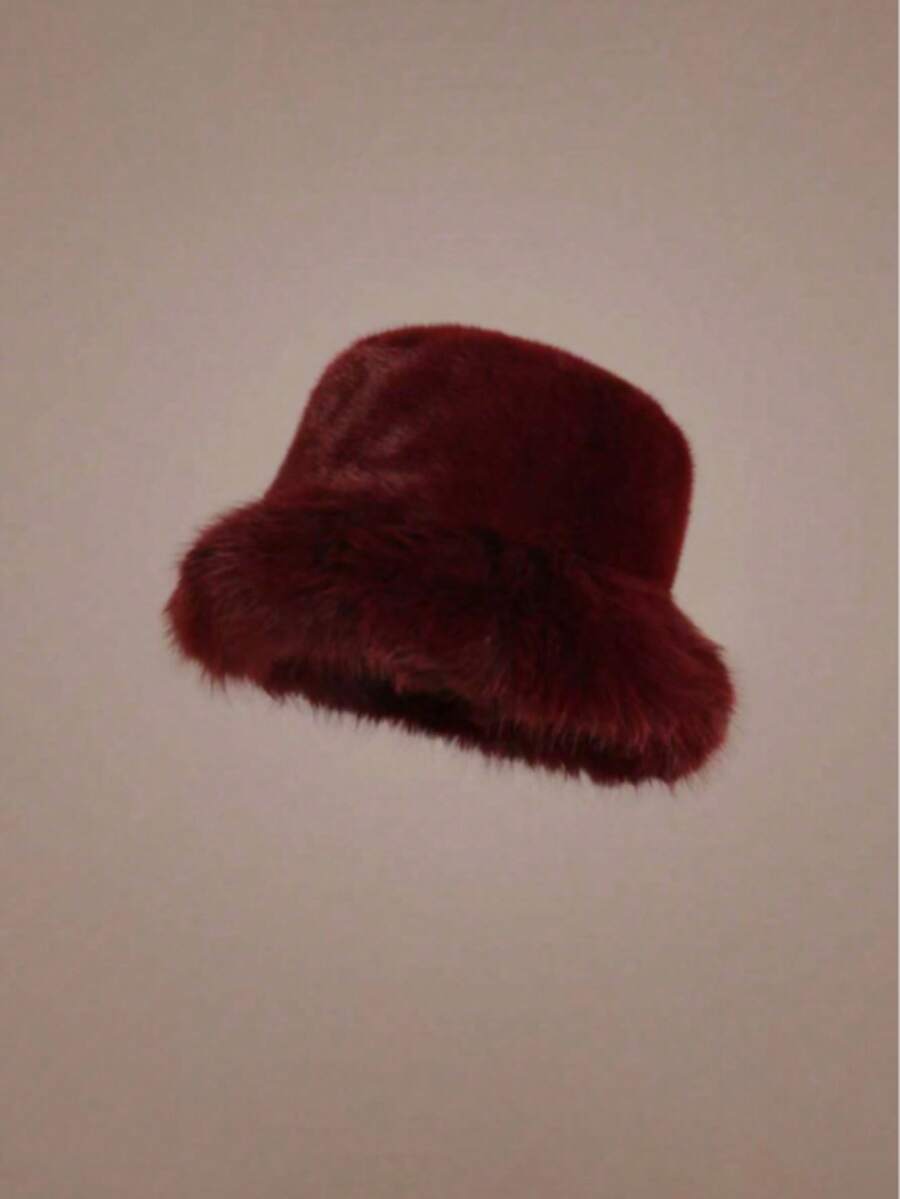 1 Faux Fox Fur Bucket Hat Faux Mink Fur Thickened Versatile Fashion High-End Fedora - Burgundy - View 1