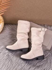 Sepatu Bot Setinggi Lutut Wanita Warna Krem, Dekorasi Gesper Logam, Ujung Bulat, Hak Tebal Rendah, Suede Imitasi, Sepatu Bot Berkuda, Sepatu Bot Sehari-hari Musim Gugur - Krem - View 7