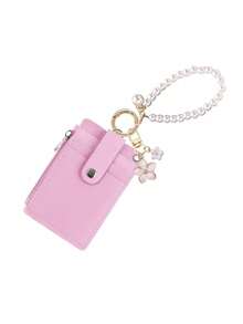 Flower Pendant Keychain Card Wallet With Pearl Chain,PU Multi Card Slots Wallet,Zipper Coin Purse ID Card Holder,Wristlet Bracelet Wrist Coin Purse - A - View 15