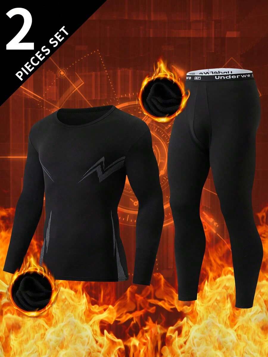 2pcs/Set Men's Thermal Underwear Set, Crew Neck Top + Pants, Winter Base Layer Innerwear - Black - View 1