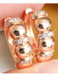 Gmzalx Bông tai vòng đồng tinh xảo, khảm đá Cubic Zirconia tổng hợp, thiết kế hạt tròn tối giản, phụ kiện phong cách đơn giản, quà tặng thanh lịch cho nữ - Hoa hồng vàng - Xem 8
