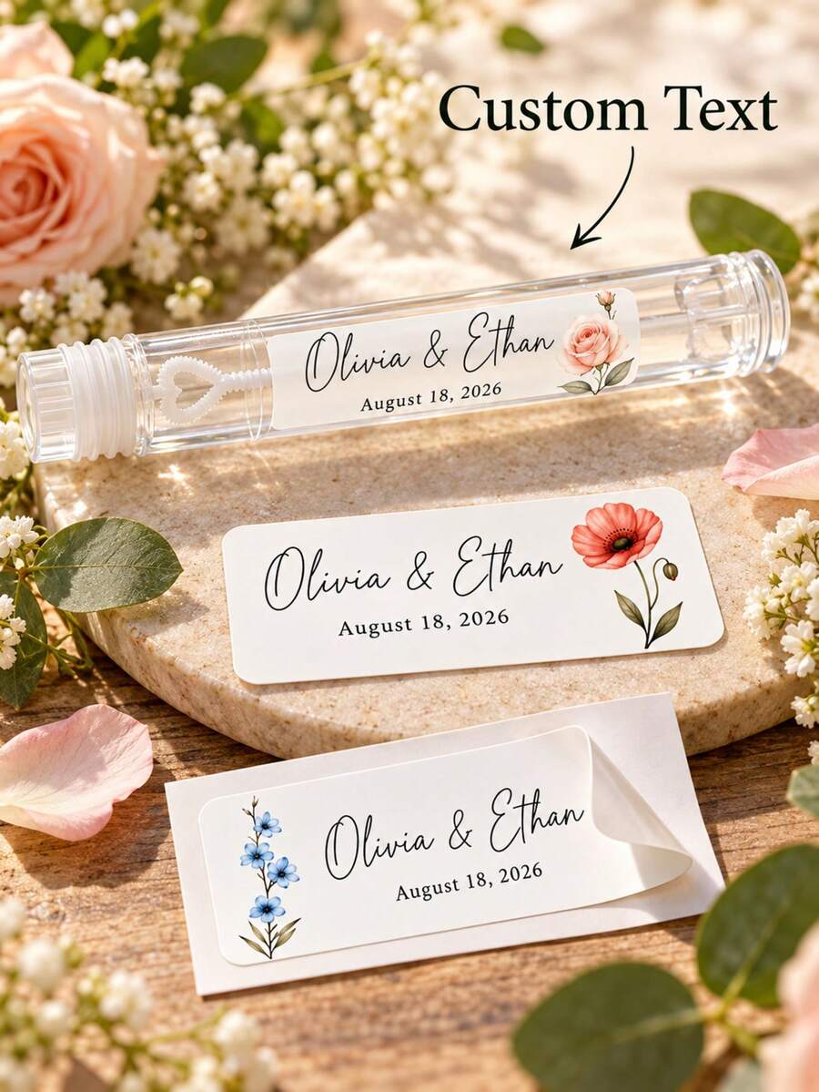 20/40/70pcs Personalized Customized Wedding Bubble Wand Stickers, Custom Floral Labels, Wedding Guest Favors, Bridal Shower Party Supplies - Multicolor - View 1