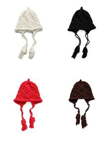 Autumn/Winter Baby Knitted Earflap Hat, Cable Knit Tassel Children's Beanie, 2-9 Years Old Girls Versatile Hat - Multicolor - View 6