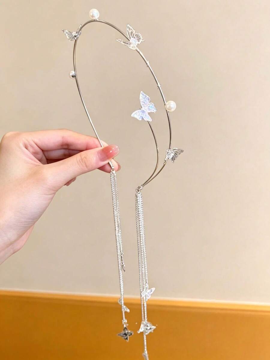 1pc Rhinestone Butterfly & Faux Pearl Tassel Headband, Elegant Hairpiece For Photo Shoots & Everyday Wear, Hair Accessories - Other - View 1