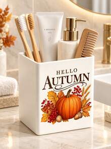 「HELLO AUTUMN」主題迷你牙刷架，迷你長方形牙刷杯，多功能收納整理盒，桌面收納與裝飾容器，可放置牙刷、牙膏、花盆、花瓶、浴室用品，溫馨居家浴室裝飾，秋季裝飾，返校季，秋季感恩節 - 彩色 - 查看 3