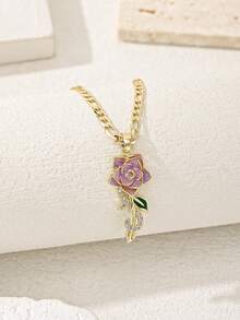 1 High-Quality Rose Pendant Necklace, Branches Dotted With Broken Diamonds And Green Enamel Leaves Suitable For Girls To Wear On Many Occasions. - Yellow Gold - View 8
