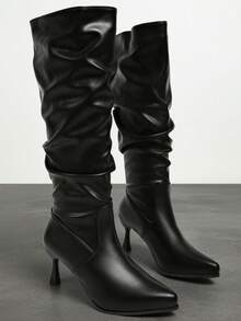 Women's Plus Size Square Toe Ruched High Shaft Tall Boots, Slim Fit High Heel Solid Color Slip-On Long Boots, Elegant Fashion Tall Boots, Suitable For Office, Dating, Party, Autumn/Winter Daily Wear - Black - View 1