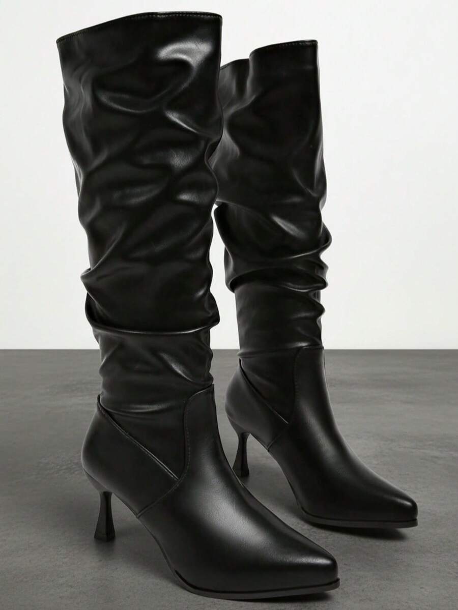 Women's Plus Size Square Toe Ruched High Shaft Tall Boots, Slim Fit High Heel Solid Color Slip-On Long Boots, Elegant Fashion Tall Boots, Suitable For Office, Dating, Party, Autumn/Winter Daily Wear - Black - View 1