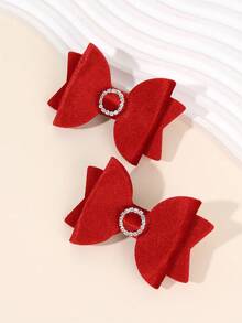 2pcs Red Hair Bow Clips With Rhinestones For Women,Solid Color Hair Bows,Elegant Fashion Hairpins,Fall Winter Daily Hair Accessories - Red - View 4