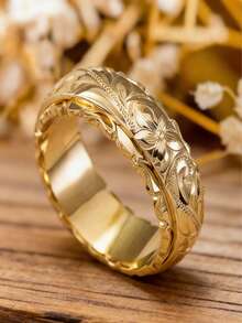 1pc Women's Vintage Engraved Floral Band Ring, Suitable For Wedding, Anniversary, Party Wear, Birthday Gift. No Box. - Gold - View 4