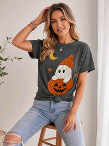 1 Pieza Para Mujer Estampado Gráfico De Fantasma Y Calabaza Cuello Redondo Manga Corta Cómoda Ligera Estilo Casual Divertido Playera Para Halloween Y Otoño - Gris oscuro - Ver 6