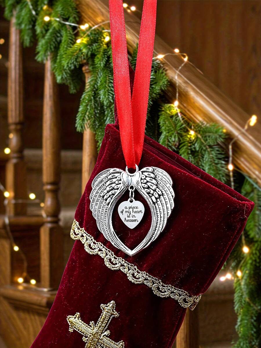 1pc Angel Wings Heart-Shaped Metal Christmas Memorial Ornament With ...