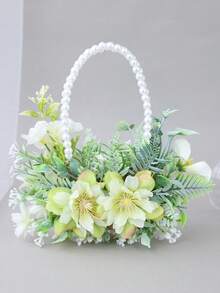 1pc Faux Pearl Double Hoop Bouquet, Artificial White Rose & Greenery Handheld Flower, Bridal Wedding Photo Prop - White - View 8