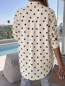 Women's Fashion Polka Dot Long Sleeve Blouse, Button Front Asymmetric Hem, Polyester Fabric - Multicolor - View 6