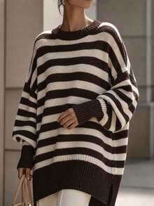 Women's Plus Size Striped Design Loose Casual Elegant Unique Long Top, Autumn/Winter Matching With Beautiful Sweater - Coffee Brown - View 2