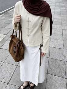 女款中式盤扣亞麻混紡襯衫，休閒時尚長袖短版開襟外套，極簡優雅日常通勤外衣，適合秋季 - 杏色 - 查看 3