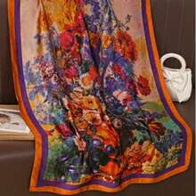 夏季女款仿絲綢緞面絲巾，復古時尚絲感桑蠶絲 90cm 正方形圍巾，防曬 - 彩色 - 查看 3