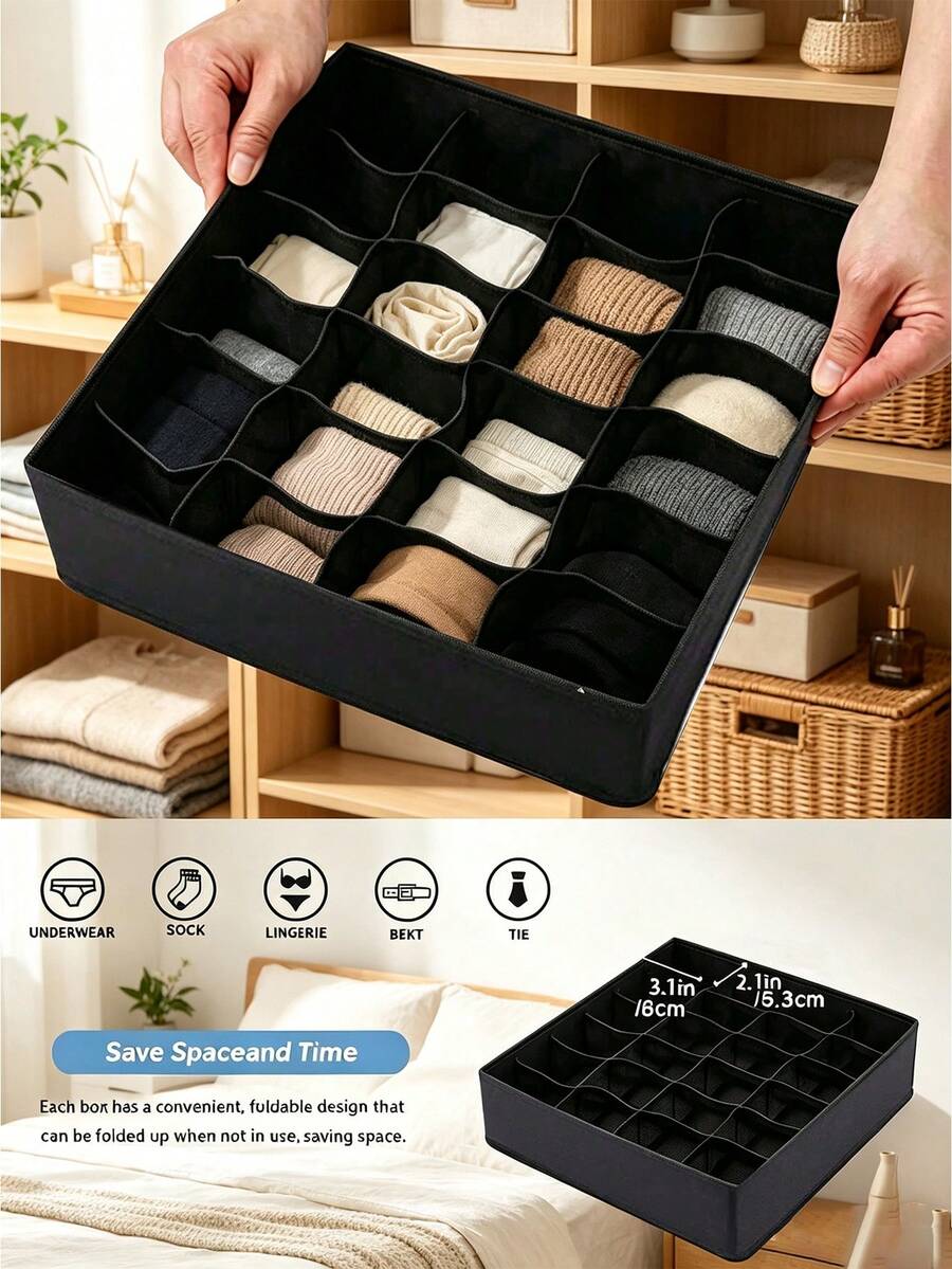 1pc/2pcs Foldable Fabric Storage Box, Wardrobe Organizer Drawer Divider, Suitable For Clothes, Underwear, Bra, Socks, Dark Gray, Space-Saving, Closet Storage, Home Decor, Dorm Essentials, Home Gift, 24-Grid - Multicolor - View 1