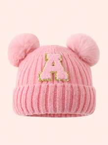 1pc Pink Kids Hat 26 Letters Baby Knitted Cap Boys Girls Warm Beanie Suitable For Outdoor Travel Daily Wear - Pink Gold Logo On Crown - Pink Double Ball Cap - View 32