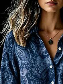 Kemeja Lengan Panjang Kancing Depan Motif Bunga Paisley Vintage untuk Wanita Musim Gugur - Biru - View 7
