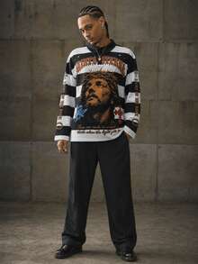 Men's Vintage Striped Portrait Letter Print Polo Shirt Top - Multicolor - View 4