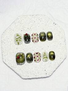 10pcs Vintage Green Cat Eye Christmas Atmosphere Hand-Painted Christmas Tree Plaid Heart Short Round Reusable Fake Nails Nail Art Supplies (1pc Jelly Sticker + 1pc Nail File) - Green - View 12