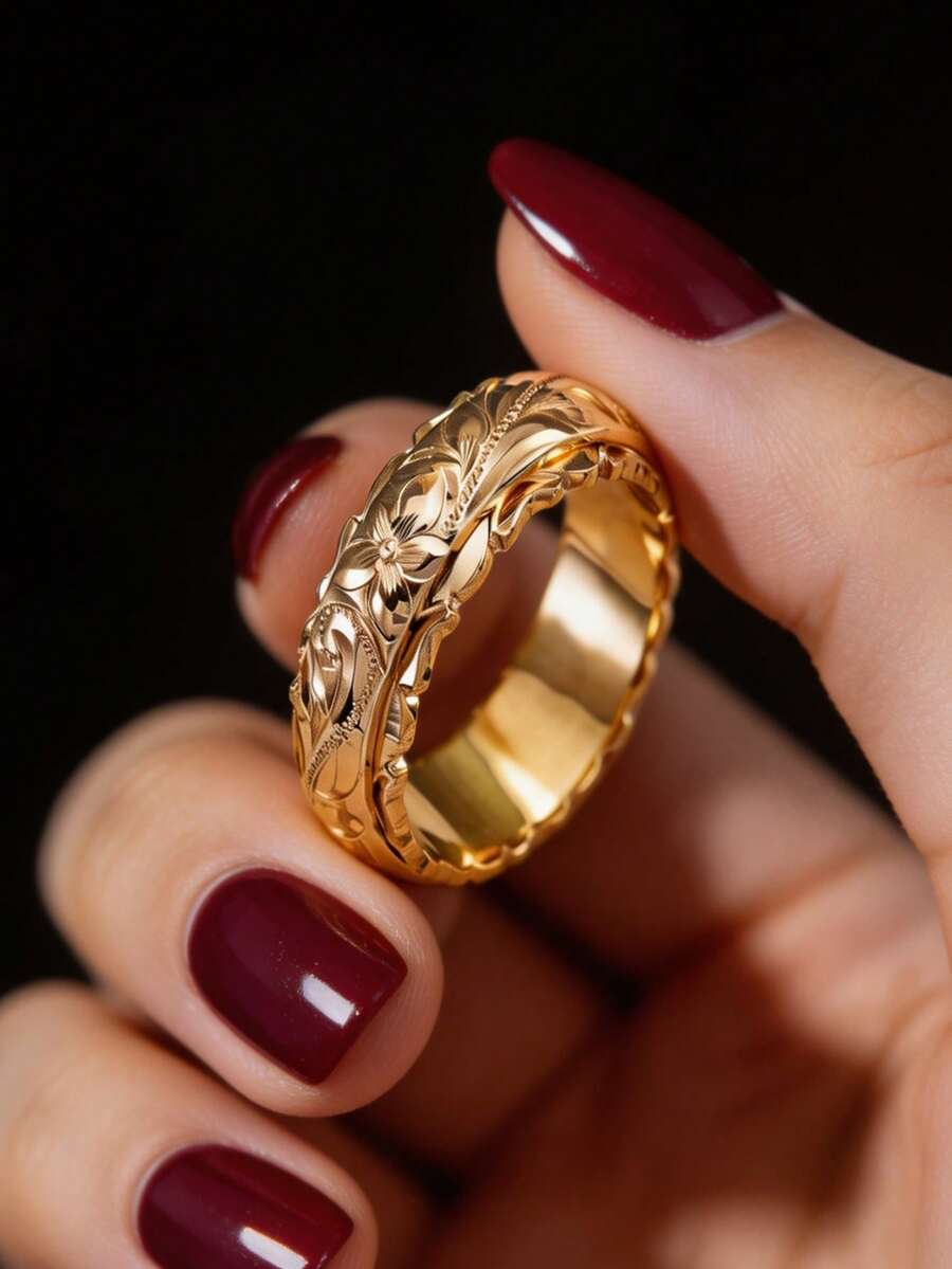 1pc Women's Vintage Engraved Floral Band Ring, Suitable For Wedding, Anniversary, Party Wear, Birthday Gift. No Box. - Gold - View 1