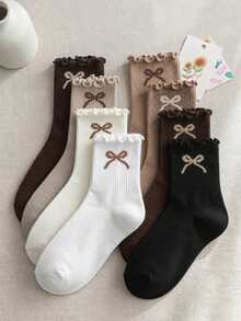 12/6 Pairs Kids Random Heart & Bow Solid Color Mid-Calf Socks In Maillard Color Palette - Multicolor - View 1