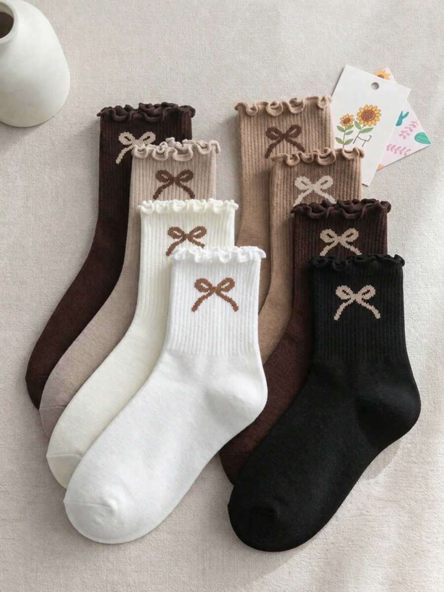 12/6 Pairs Kids Random Heart & Bow Solid Color Mid-Calf Socks In Maillard Color Palette - Multicolor - View 1