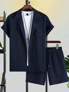 Conjunto de camisa y pantalón corto de verano en colores sólidos para hombre - Azul - Ver 3
