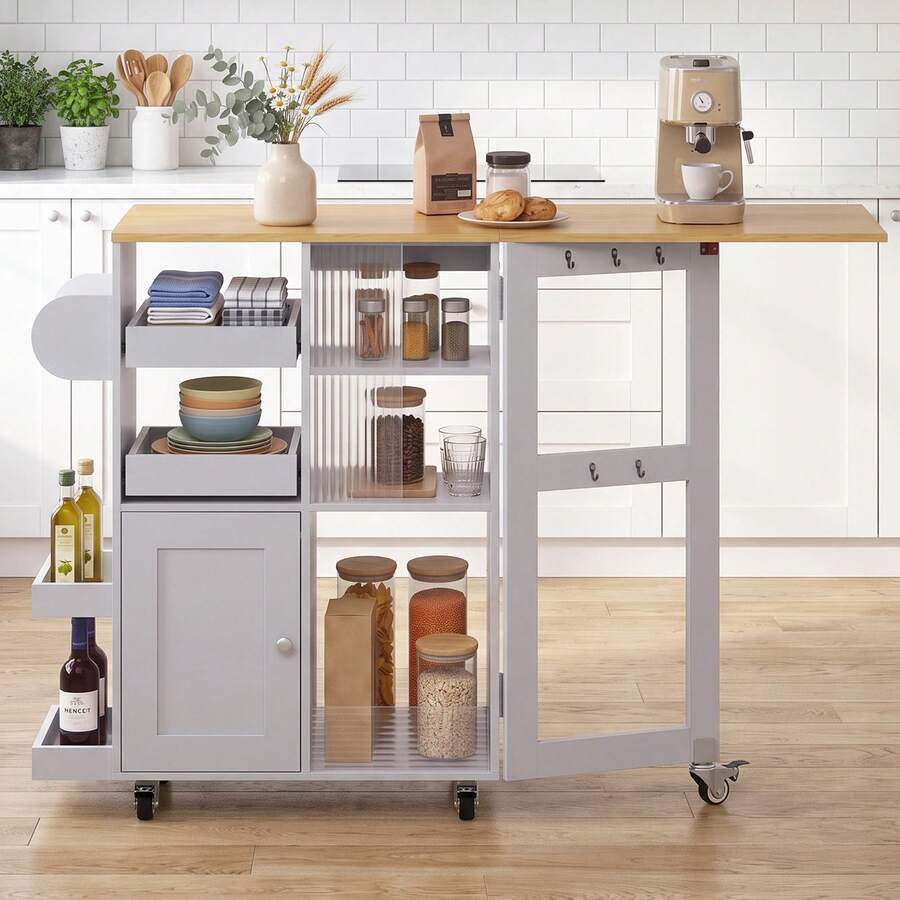 Kitchen Island On Wheels W/Drop Leaf,Kitchen Trolley W/ Towel&Spice Rack,Dual-Sided Sliding Tray,StorageCabinet,Open Shelves,Hooks,Serving Cart Storage Trolley For Kitchen,Dining,Living Room - Grey - View 1