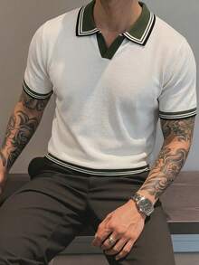 Men's Contrast Color Vertical Striped Knit Polo Short Sleeve - Casual Commute Versatile Top - White - View 1