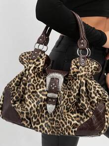 Women's Leopard Print Vegan Leather Hobo Bag, Y2K Western Buckle Decor Top Handle Shoulder Tote Bag - Brown - View 1