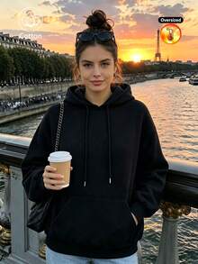 Women's Drop-Shoulder Hoodie: Loose-Fit, Streetwear/Preppy Style, Long-Sleeve, Perfect For Cold Weather, Cotton-Blend, Comfortable - Black - View 5