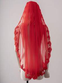 1 Pc Red Wedding Veil Lace Applique Fingertip Length Bridal Veil With Comb For Theme Wedding Halloween Costumes - Multicolor - View 6
