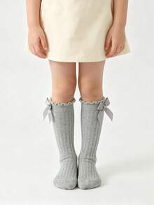 6 Pairs Girls Solid Color Bow Decor Ribbed Mid-Calf Knee-High Socks, Versatile Daily Wear JK Style - Multicolor - View 7