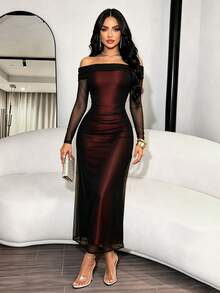 RNU Women's Autumn/Winter Evening Party Dress, Off-Shoulder Contrast Color Mesh Long Dress With Ruched 2 In 1 Design, Mesh Long Sleeve Slim Fit Dress, Atmospheric Party Gown - Black - View 7
