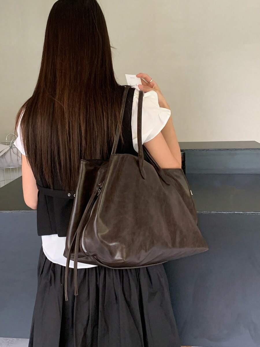 Women Tote Bags Leather Tote Marbled Pattern Leather Long Handle Side Zipper Large Capacity Retro Style For Women Daily Office Shopping - Coffee - View 1