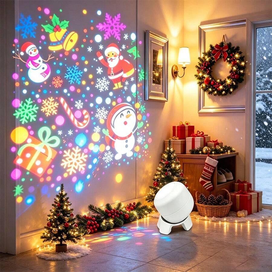 1Pc Plastic Christmas Projector Light, LED Holiday Pattern Projection Lamp, Colorful Santa Snowman Snowflake Image, Indoor Decor For Christmas Eve, Xmas Party, Disco Event, Home Bedroom, Holiday Festive Atmosphere Decoration - Multicolor - View 1