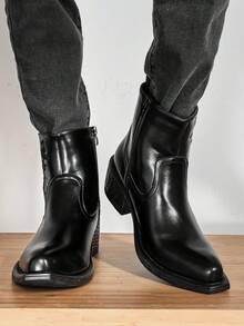 ZCZ Men's Embroidered Western-Style Ankle Boots, Pointed-Toe With Side Zipper And Chunky Square Heel - Black - View 8