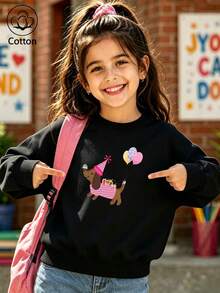 Cute Girls' Round Neck Sweatshirt, Printed With Cartoon Puppy, Balloon And Pink Polka Dot Pattern - Black - View 1