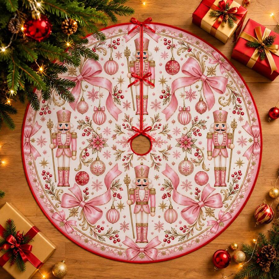 1pc Pink Nutcracker Soldier Pattern Christmas Tree Skirt, Elegant Color Holiday Decor, 5 Sizes, Unisex Holiday Gift, Suitable For Home And Party Christmas Home Decoration - Pink Nutcracker Soldier - View 1