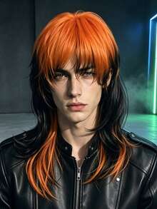 Two-Color Gradient Cosplay Wig, Long Layered Mullet Wig With Bangs, Synthetic Hair For Halloween, Party & Carnival - Multicolor - View 14