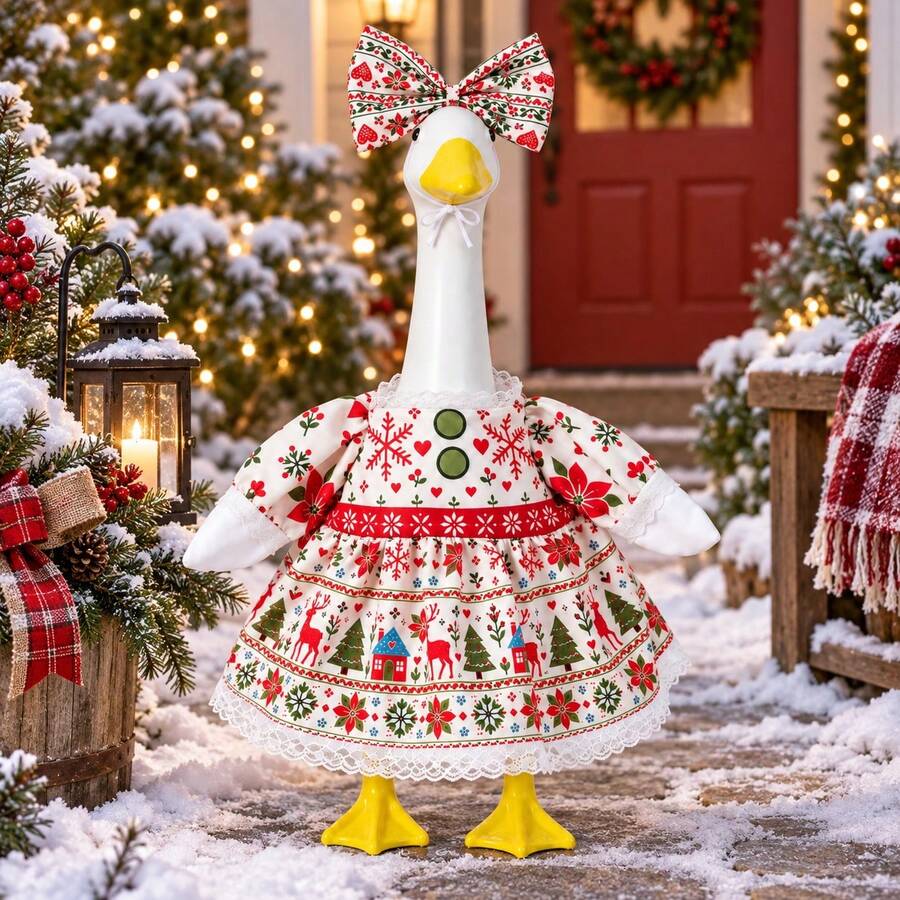 Christmas Porch Goose Outfit For 23 Inch Goose Statue, Snowflake Deer Dress & Bow Set, Yard Garden Porch Home Room Decor, Gift For Friends - Multicolor - View 1