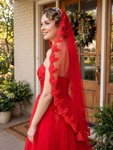 1 Pc Red Wedding Veil Lace Applique Fingertip Length Bridal Veil With Comb For Theme Wedding Halloween Costumes - Multicolor - View 4