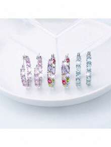 These Minimalist And Elegant 925 Sterling Silver Earrings, Featuring Cubic Zirconia Gemstones In A Geometric Square Design, Are Perfect For Wearing At Banquets, Weddings, And Parties. - Pink - View 1